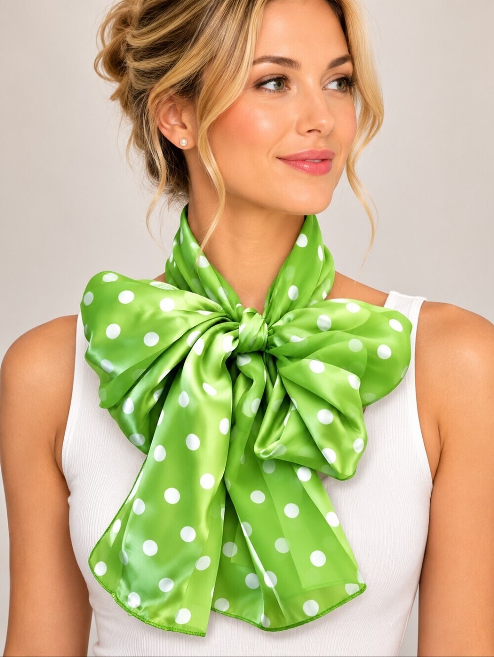 Vintage Bright Spring Green Striped Polka Dot Satin Neck Scarf